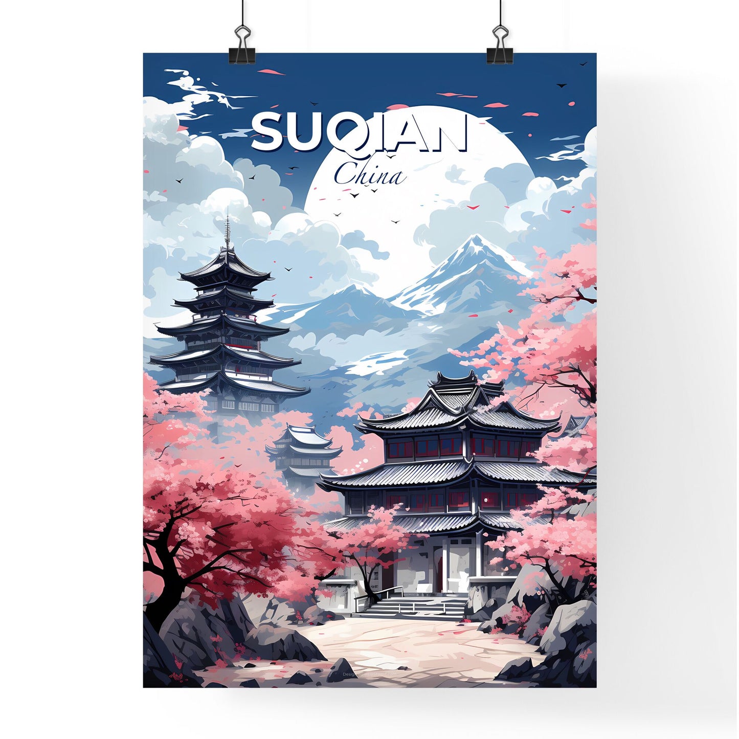 Oriental Pagoda and Cherry Blossoms in Front of a Mountain Painting Default Title