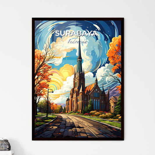 Vibrant Art Painting of Surabaya Indonesia Skyline with Church Steeple, Trees, and Road Default Title