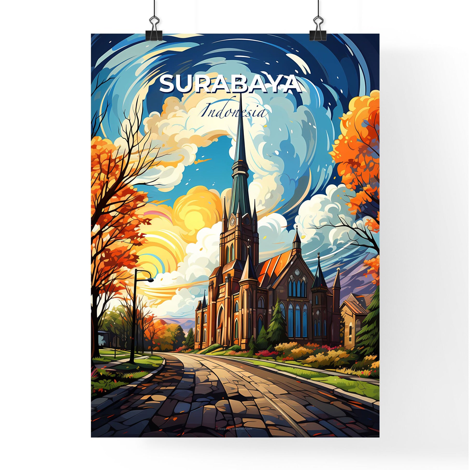 Vibrant Art Painting of Surabaya Indonesia Skyline with Church Steeple, Trees, and Road Default Title
