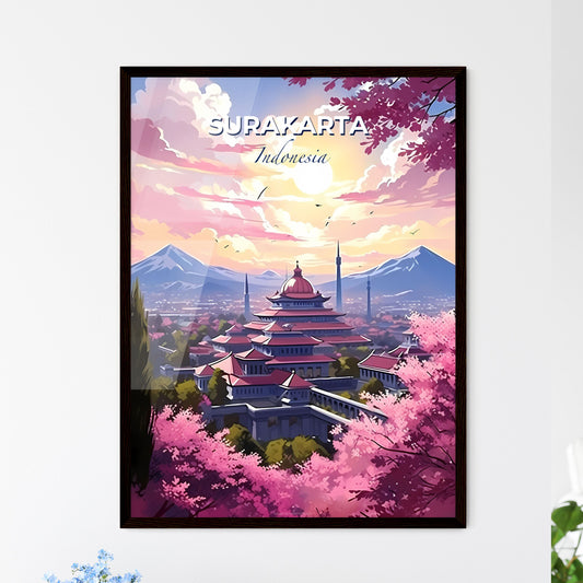 Surakarta Indonesia Skyline Painting - Vibrant Pink Trees and Mountain City Art Default Title