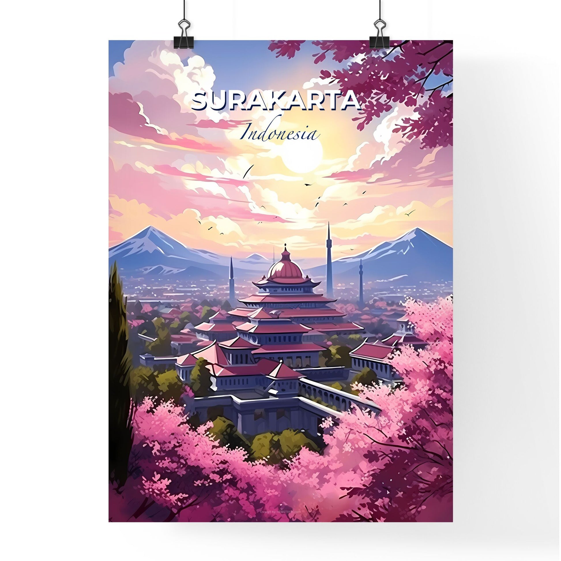 Surakarta Indonesia Skyline Painting - Vibrant Pink Trees and Mountain City Art Default Title