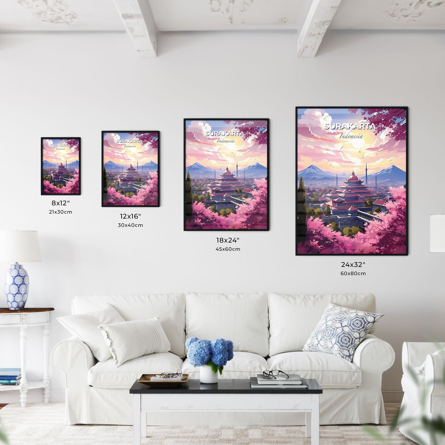 Surakarta Indonesia Skyline Painting - Vibrant Pink Trees and Mountain City Art Default Title