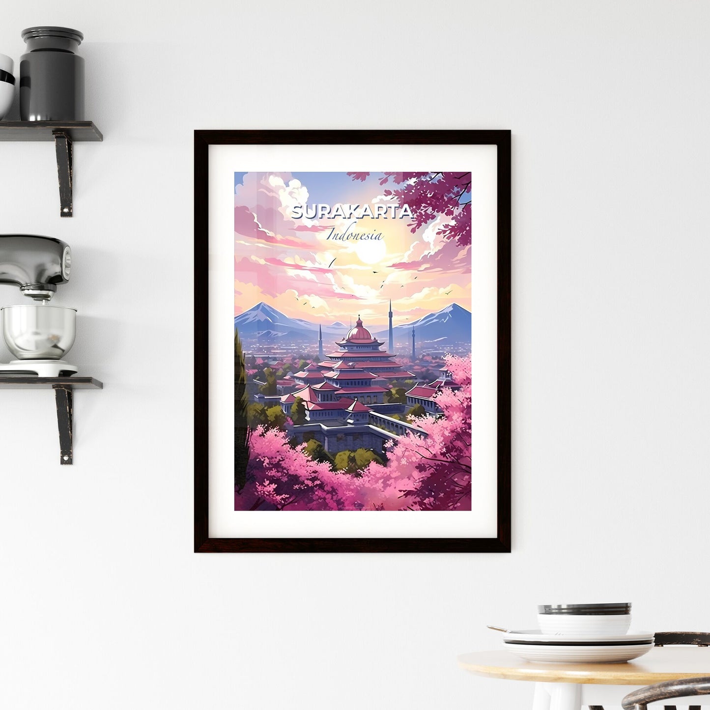 Surakarta Indonesia Skyline Painting - Vibrant Pink Trees and Mountain City Art Default Title