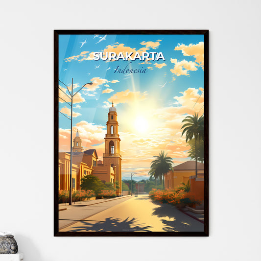 Panoramic Street View of Surakarta Indonesia Skyline with Vibrant Art, Palm Trees, and Church Tower Default Title