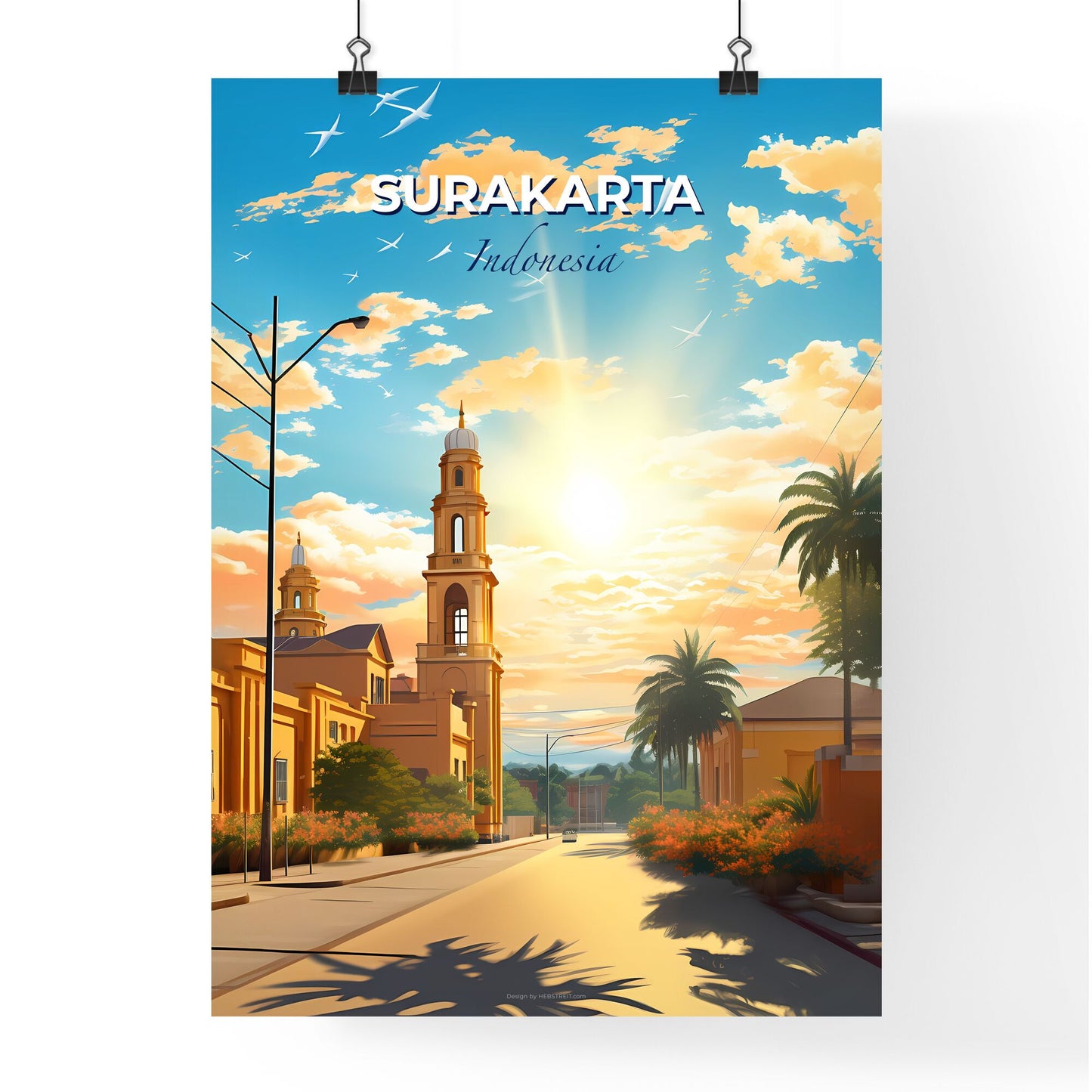 Panoramic Street View of Surakarta Indonesia Skyline with Vibrant Art, Palm Trees, and Church Tower Default Title