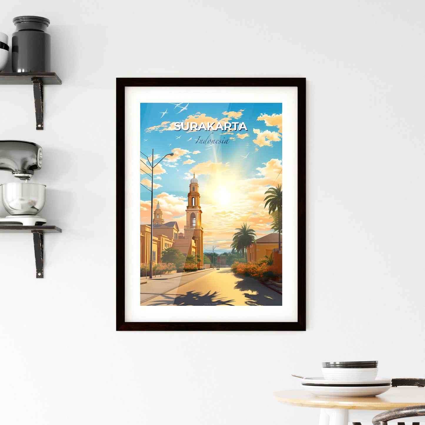 Panoramic Street View of Surakarta Indonesia Skyline with Vibrant Art, Palm Trees, and Church Tower Default Title