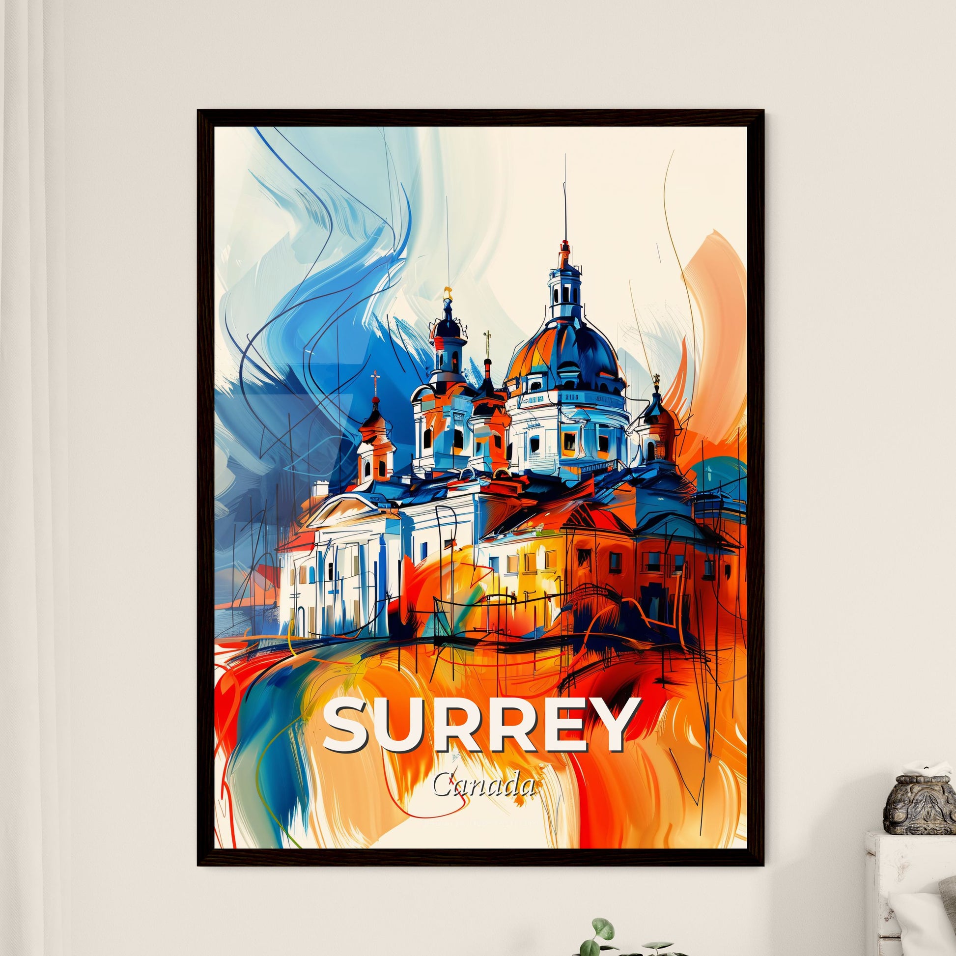 Vibrant Surrey, Canada - A Painting Of A Building With A Colorful Background