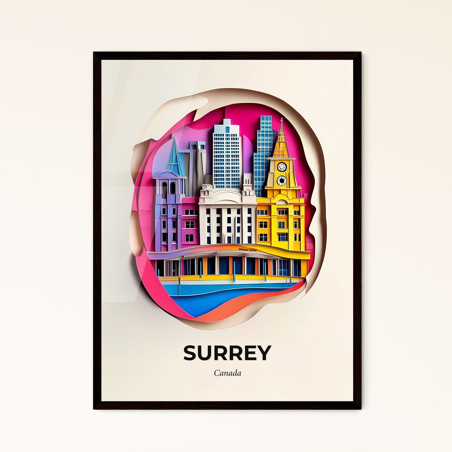 Vivid Surrey, Canada - a paper cut of a city with a clock tower