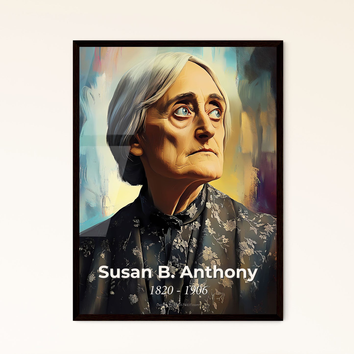 Portrait of Susan B. Anthony, 1820 - 1906. Impressionistic painting of a woman looking up to the sky.