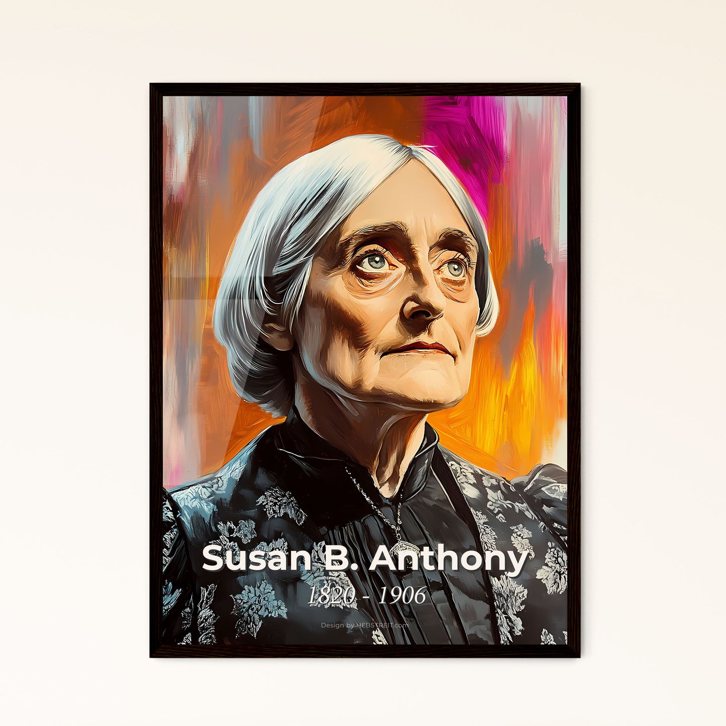 Portrait of Susan B. Anthony, 1820 - 1906. Impressionistic painting of a woman with grey hair and a black dress.