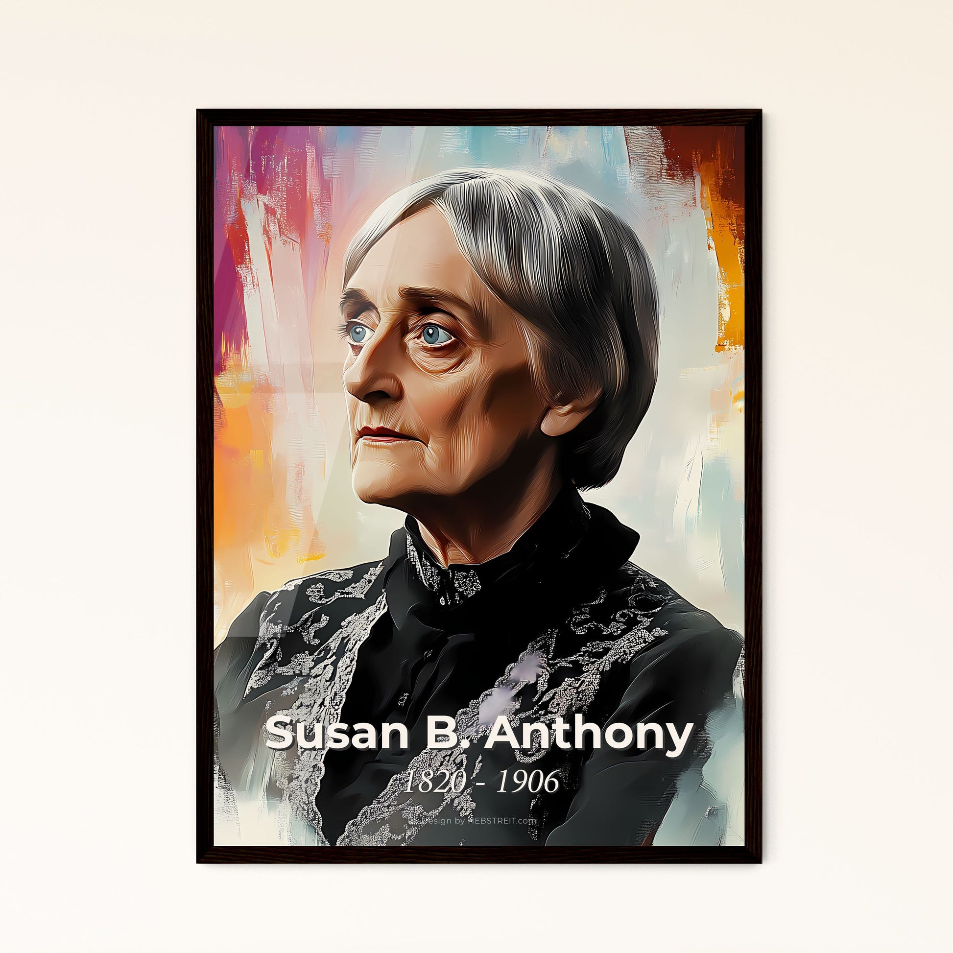 Portrait of Susan B. Anthony, 1820 - 1906. Impressionistic painting of a woman with grey hair.