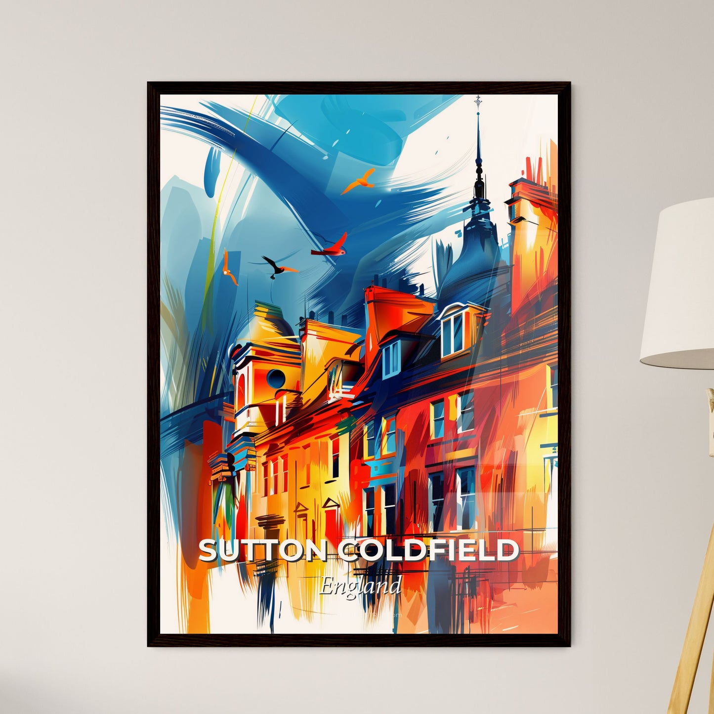 Vibrant Sutton Coldfield, England - A Painting Of A Skyline With A Colorful Building