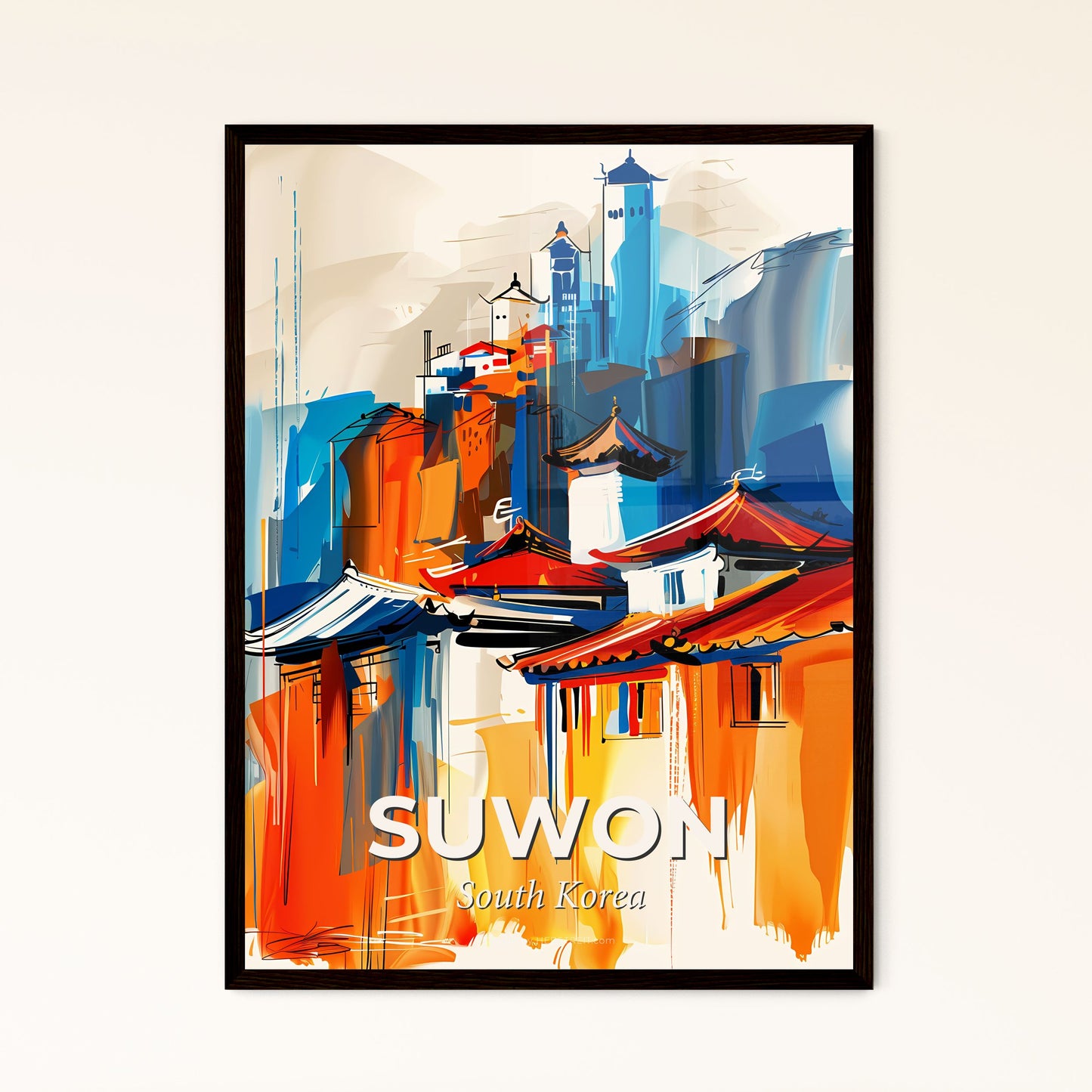 Vibrant Suwon, South Korea - A Painting Of Buildings And Towers