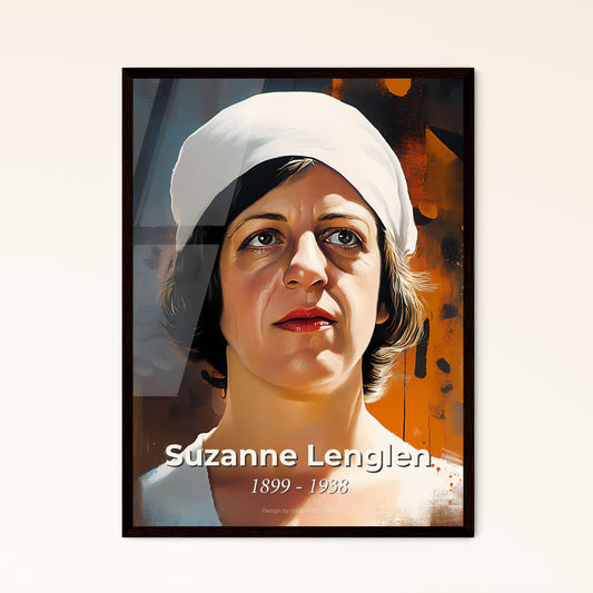 Portrait of Suzanne Lenglen, 1899 - 1938. Impressionistic painting of a woman with a white hat.