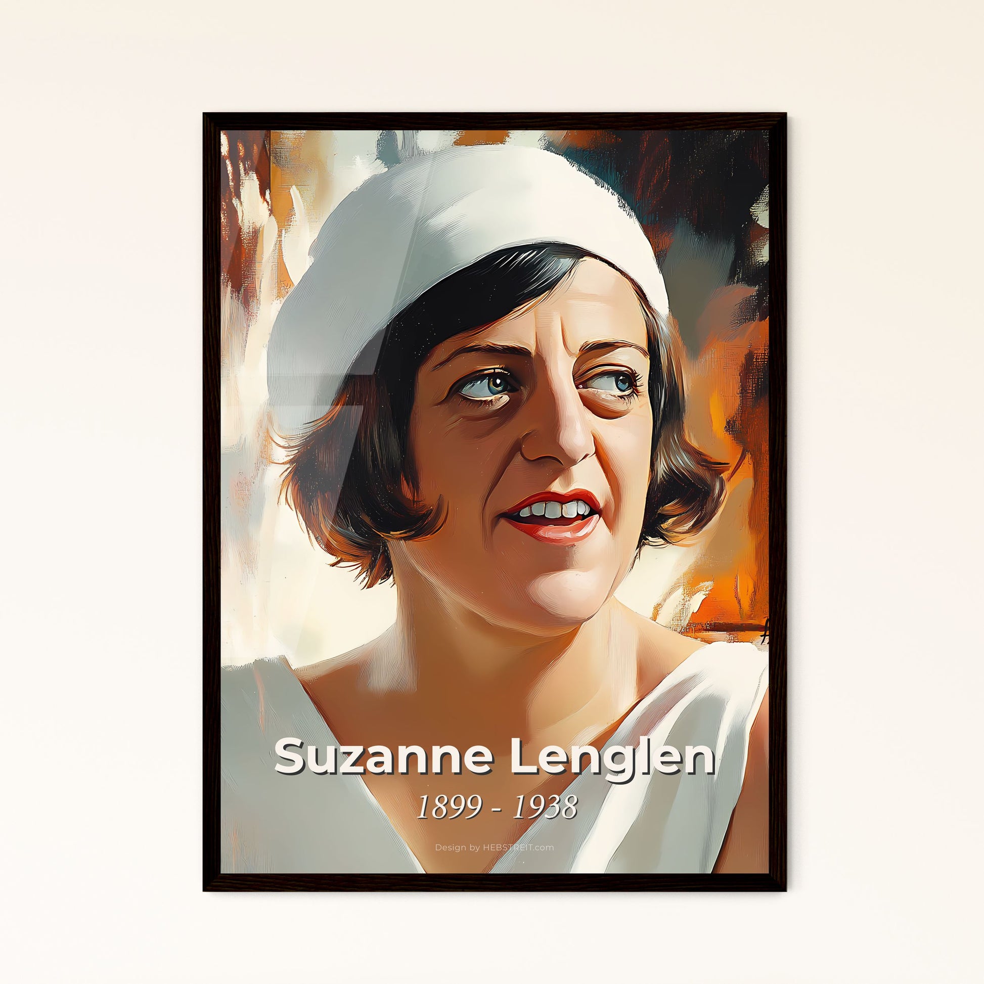 Portrait of Suzanne Lenglen, 1899 - 1938. Impressionistic painting of a woman in a white hat.