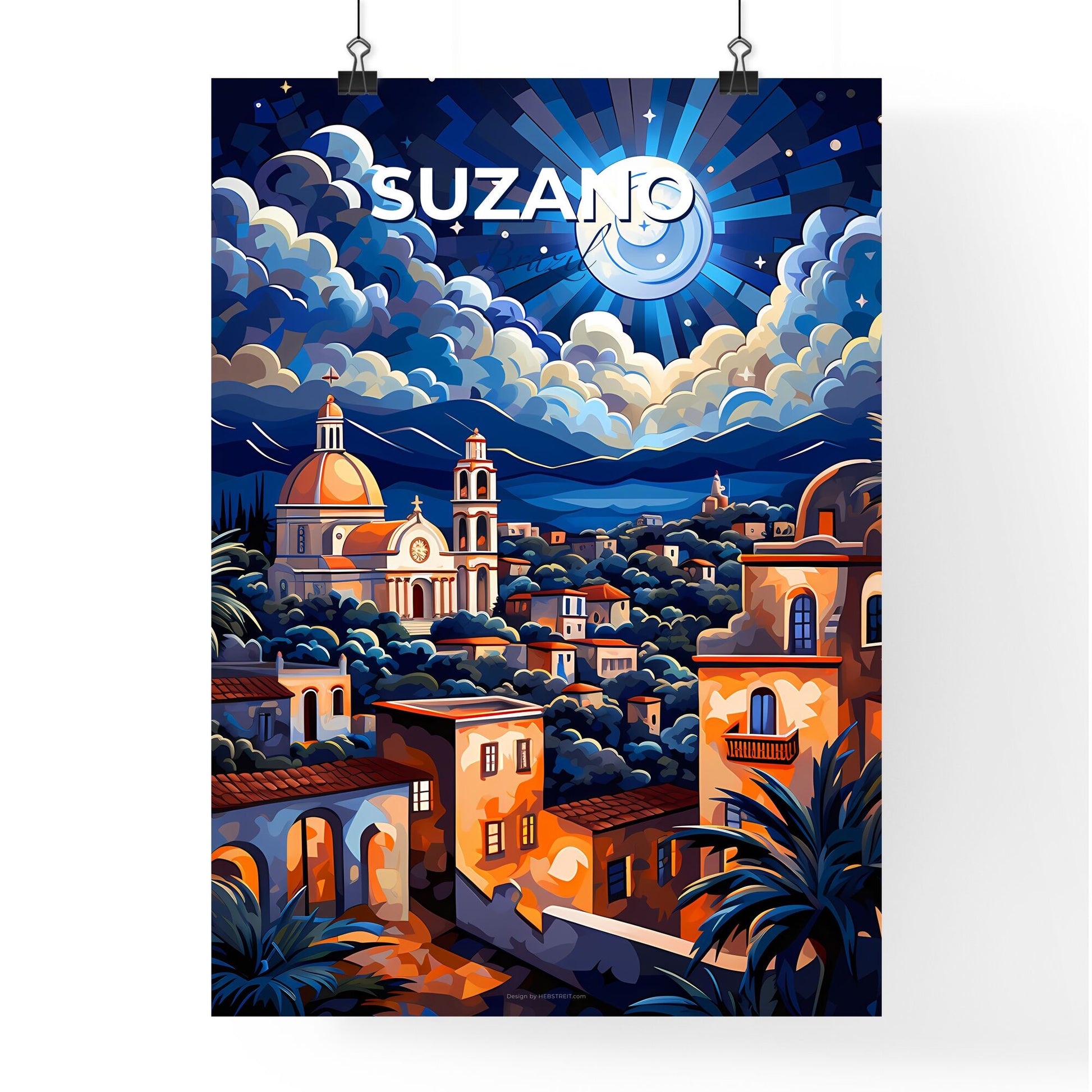 Vibrant City Painting: Suzano, Brazil Skyline with Church and Palm Trees Default Title