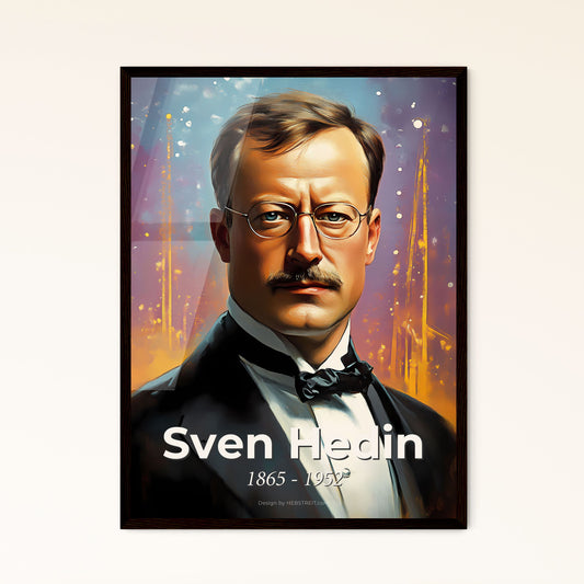 Portrait of Sven Hedin, 1865 - 1952. Impressionistic painting of a man in a suit and bow tie.