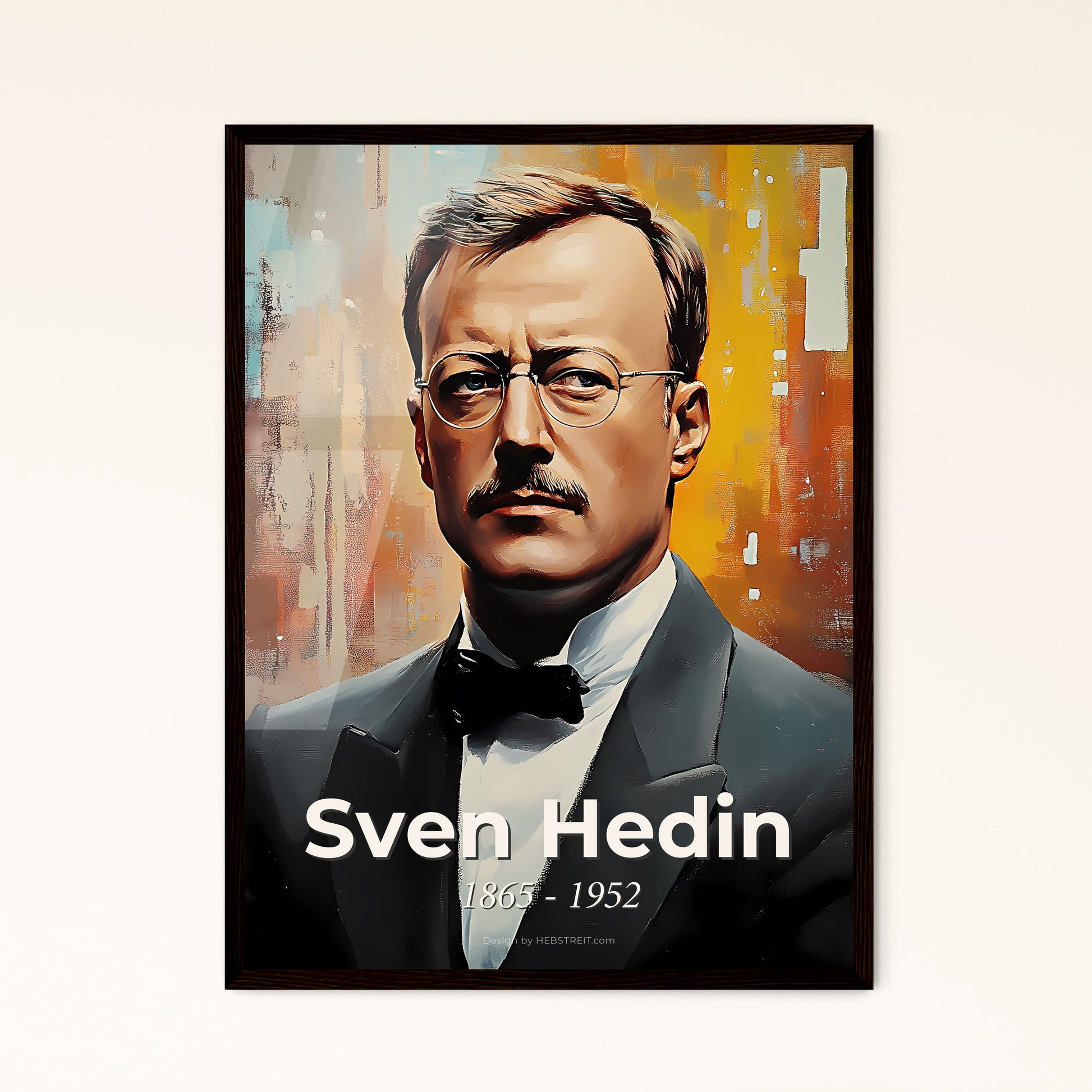 Portrait of Sven Hedin, 1865 - 1952. Impressionistic painting of a man in a suit and bow tie.