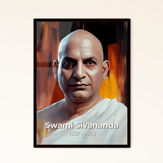 Portrait of Swami Sivananda, 1887 - 1963. Impressionistic painting of a bald man in a white robe.