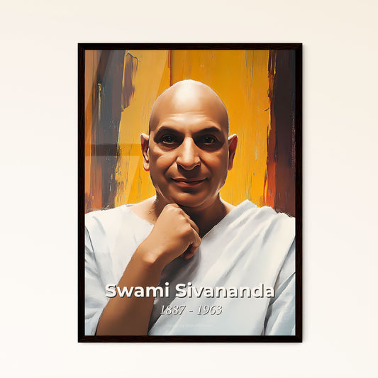 Portrait of Swami Sivananda, 1887 - 1963. Impressionistic painting of a bald man in a white robe.