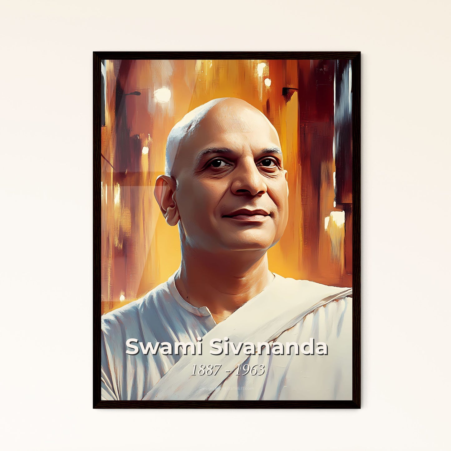 Portrait of Swami Sivananda, 1887 - 1963. Impressionistic painting of a man in a white robe.