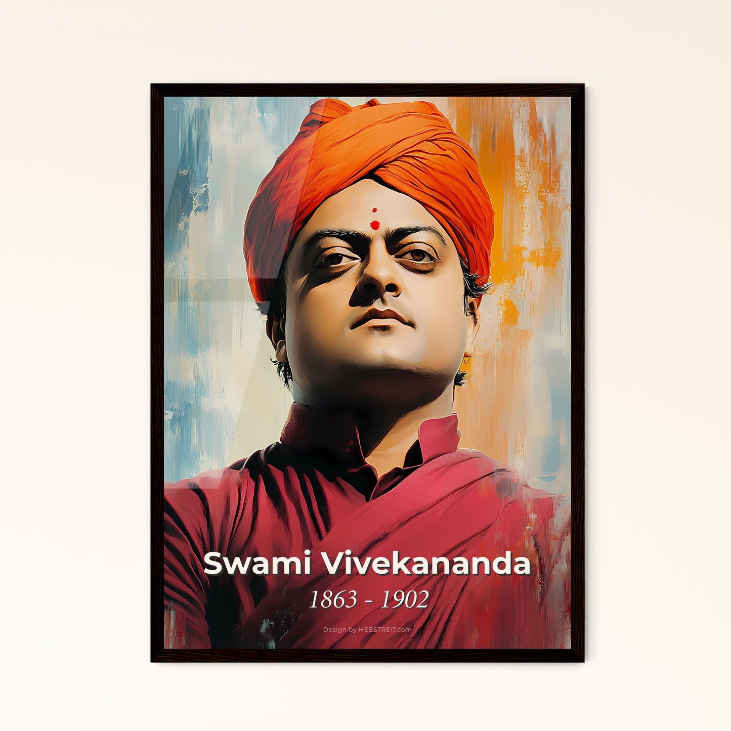 Portrait of Swami Vivekananda, 1863 - 1902. Impressionistic painting of a man wearing a red turban.