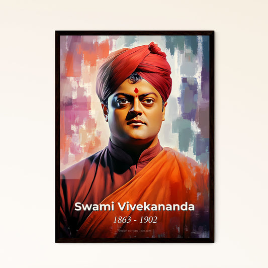 Portrait of Swami Vivekananda, 1863 - 1902. Impressionistic painting of a man in a red turban.