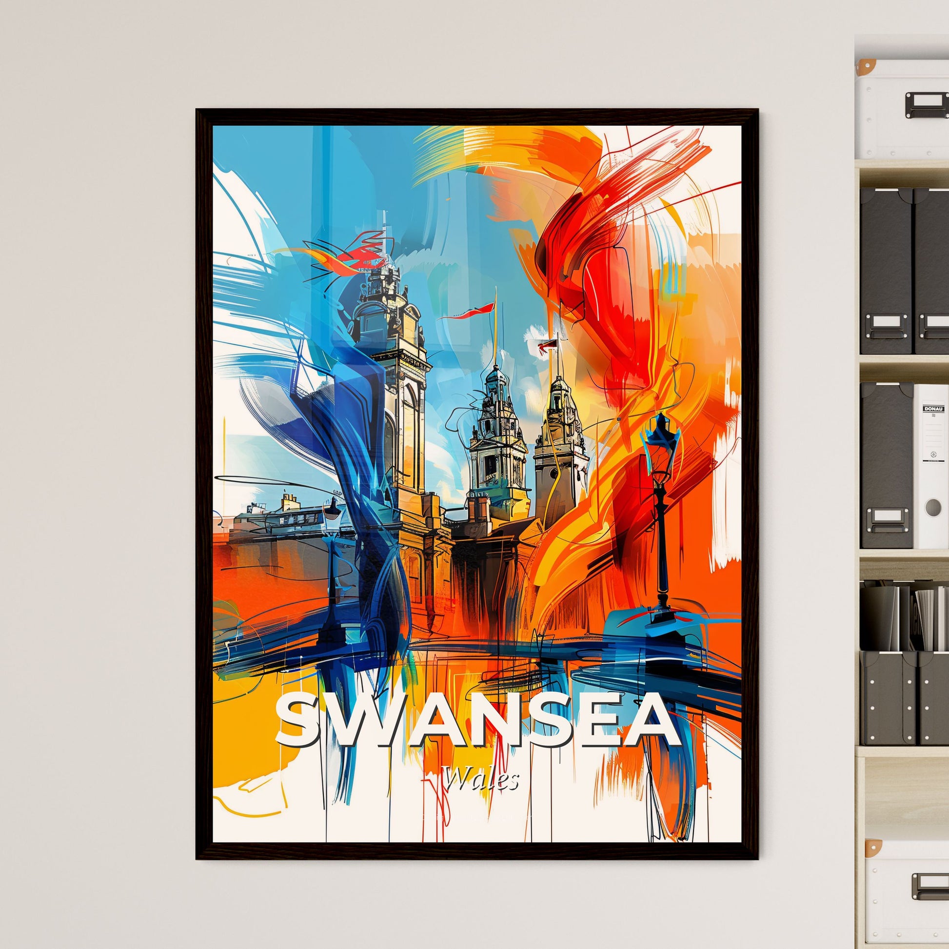 Vibrant Swansea, Wales - A Painting Of A Building With A Colorful Background