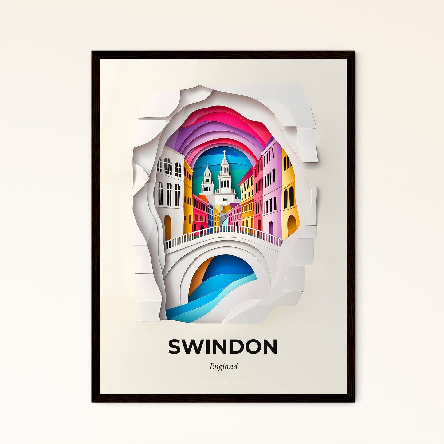 Vivid Swindon, England - a paper cut of a bridge with a church in the background