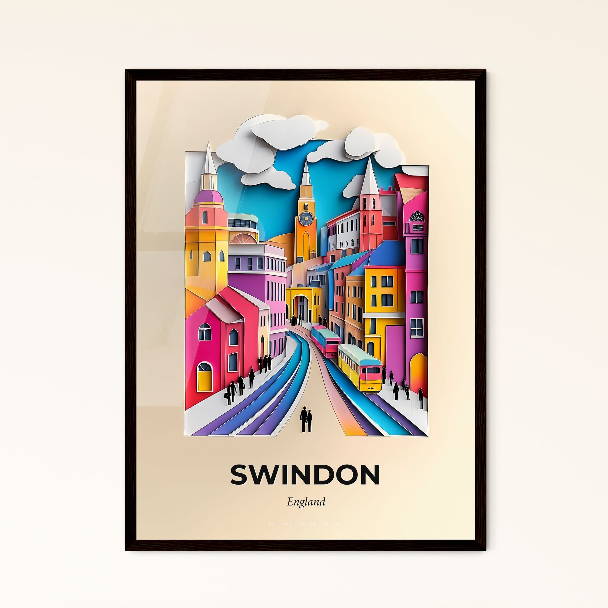 Vivid Swindon, England - a paper cut of a city with a train coming down the tracks