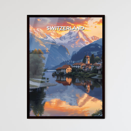 Vibrant Landscape Painting of Swiss Lake, Houses, and Mountains in Europe