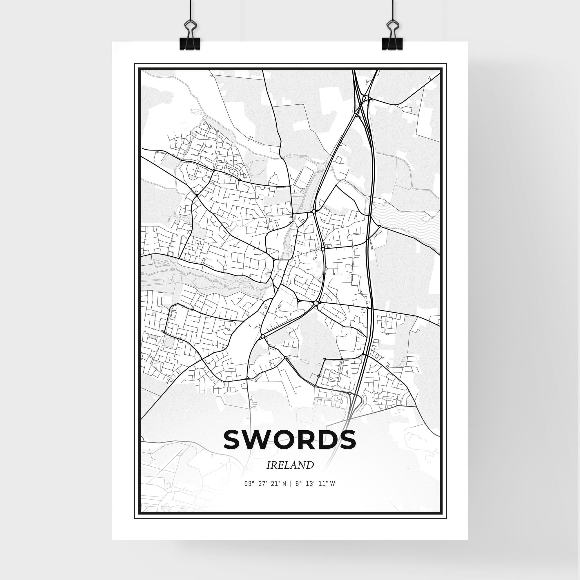 Swords Ireland Map - Black and White Art Print – HEBSTREIT