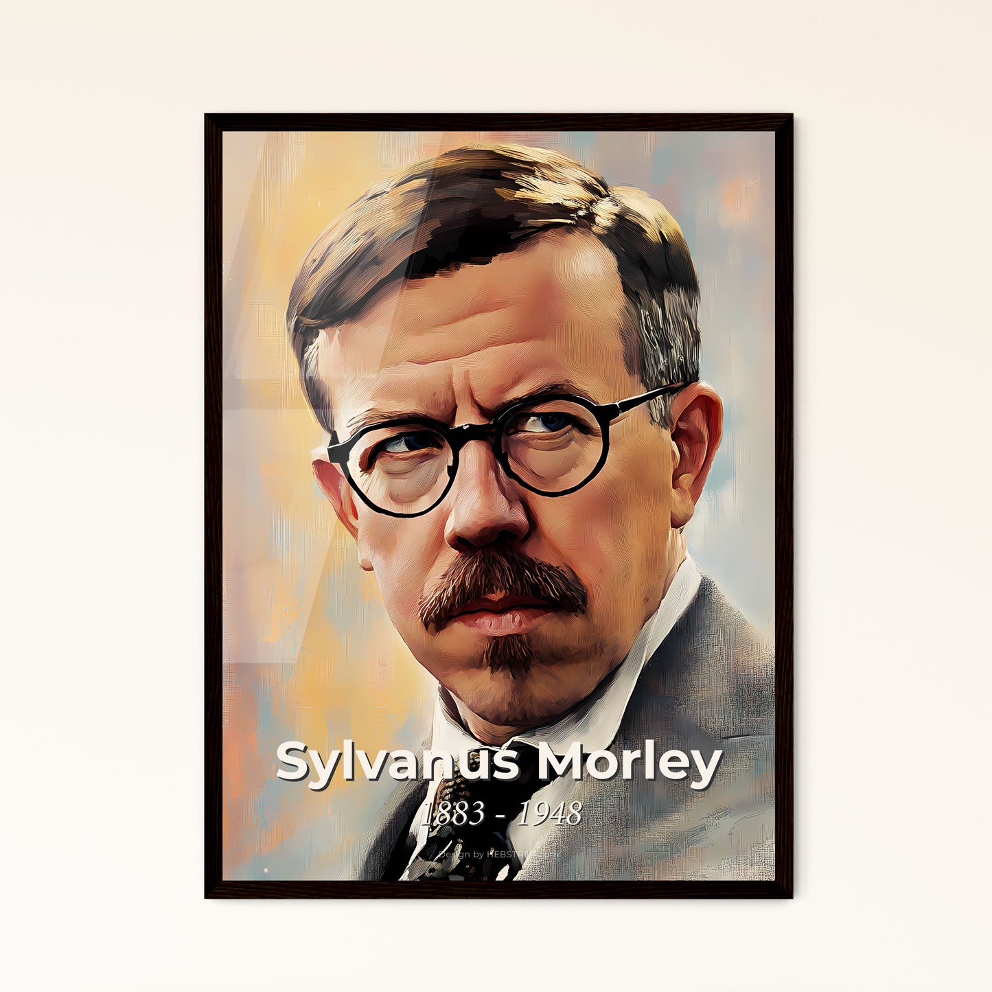 Portrait of Sylvanus Morley, 1883 - 1948. Impressionistic painting of a man with a mustache wearing glasses.