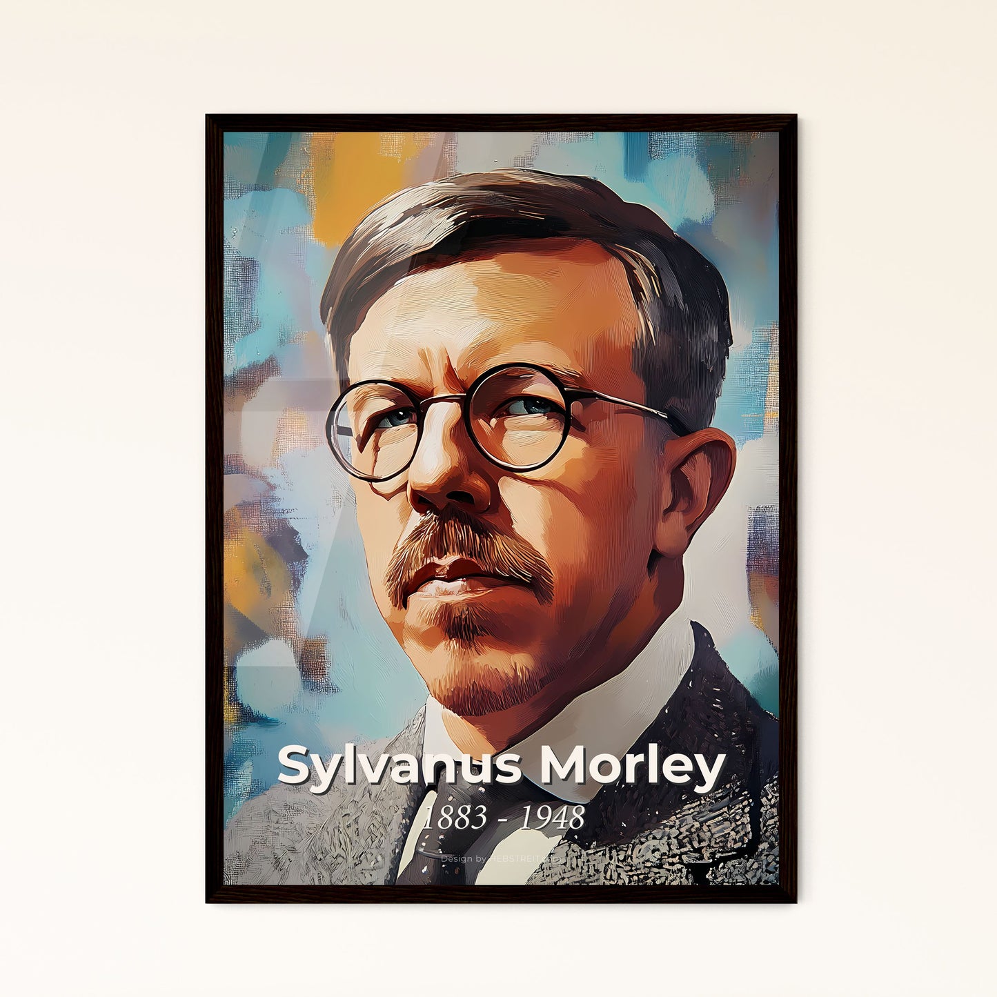 Portrait of Sylvanus Morley, 1883 - 1948. Impressionistic painting of a man with mustache wearing glasses and a suit.