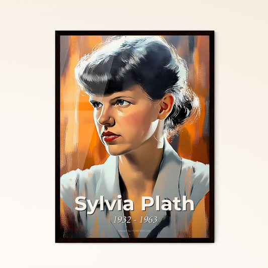 Portrait of Sylvia Plath, 1932 - 1963. Impressionistic painting of a woman with short hair wearing a grey shirt.