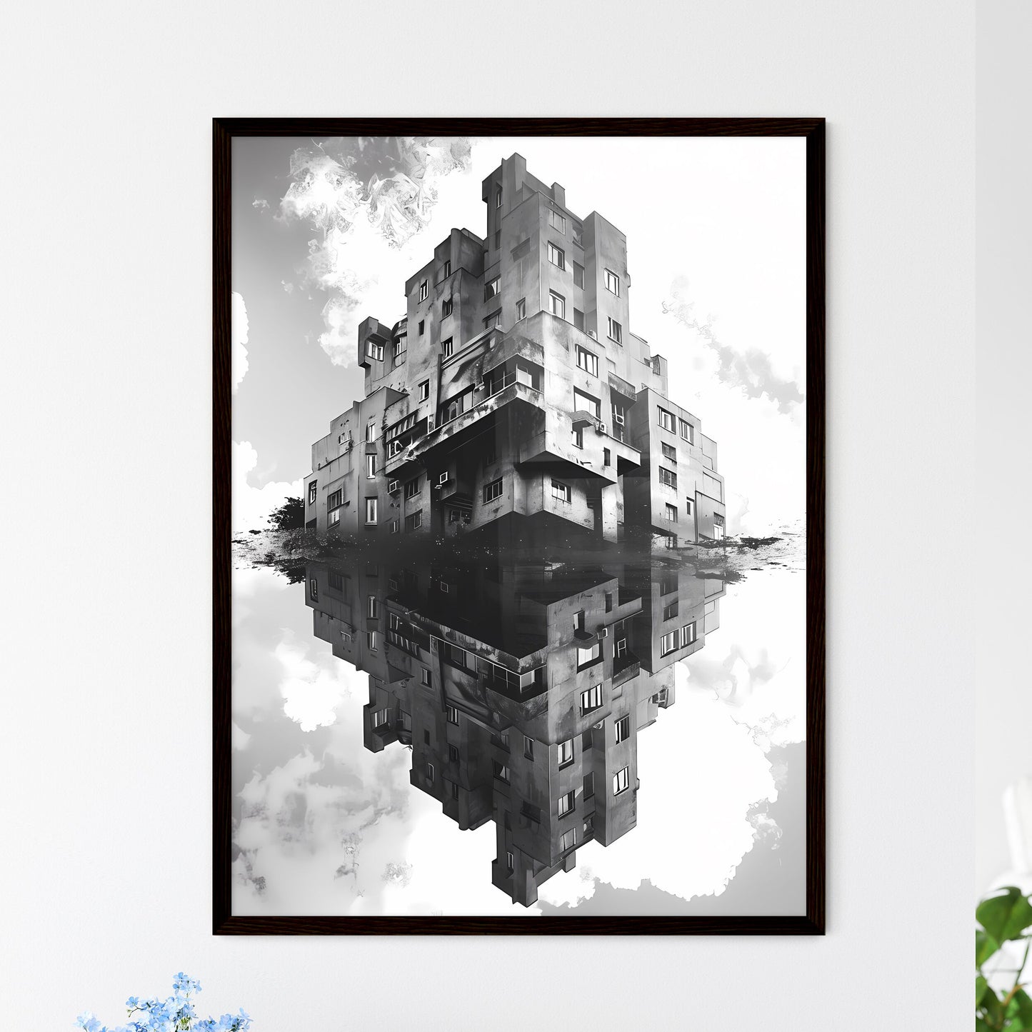 Vibrant Bauhaus Duotone Painting: Symmetrical Art Deco Building Reflected in Water Framed Art