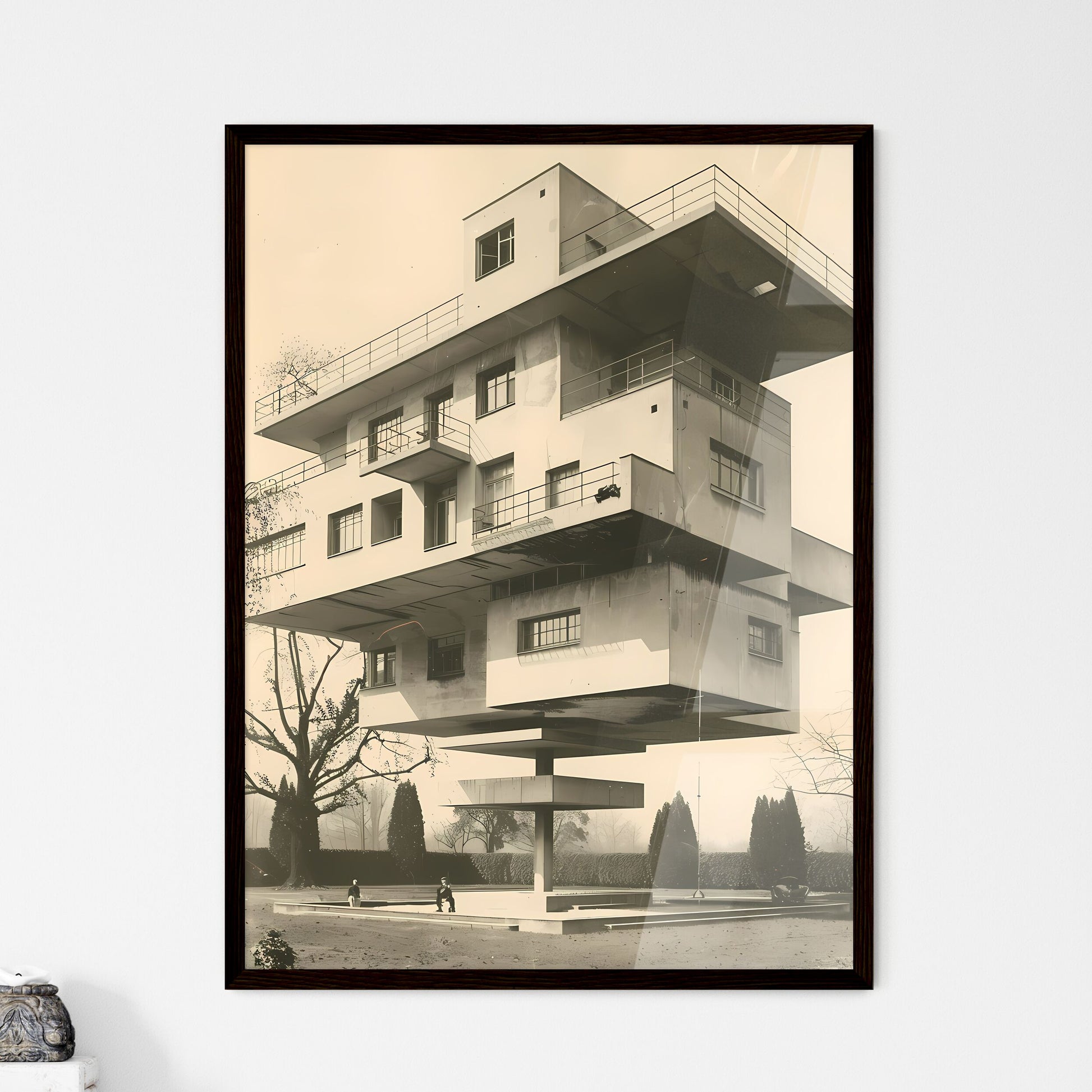 Bauhaus Style Vibrant Painting Floating Architecture Art Deco 1930s Symmetrical Design Duotone Framed Art