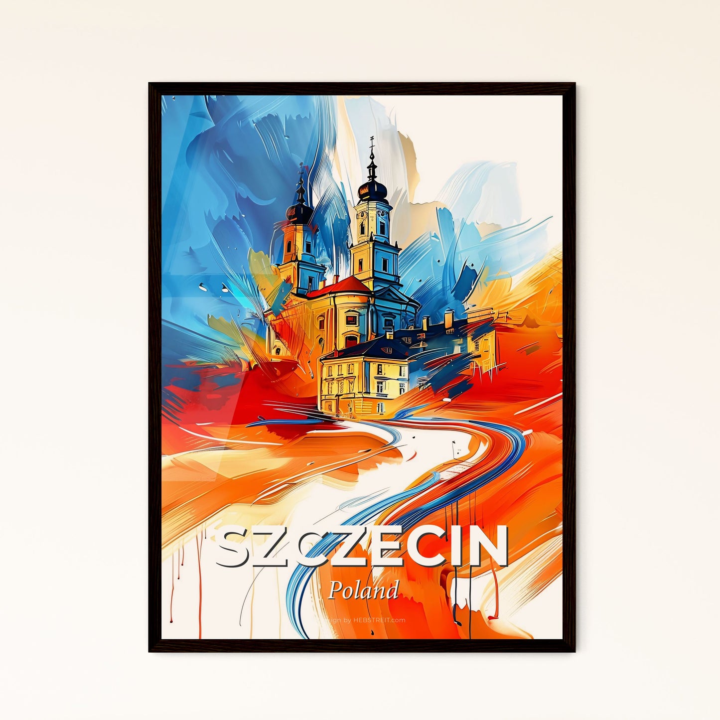 Vibrant Szczecin, Poland - A Painting Of A Building With A Road And Colorful Paint