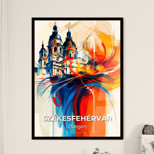 Vibrant Székesfehérvár, Hungary - A Painting Of A Building With Towers And A Colorful Swirl