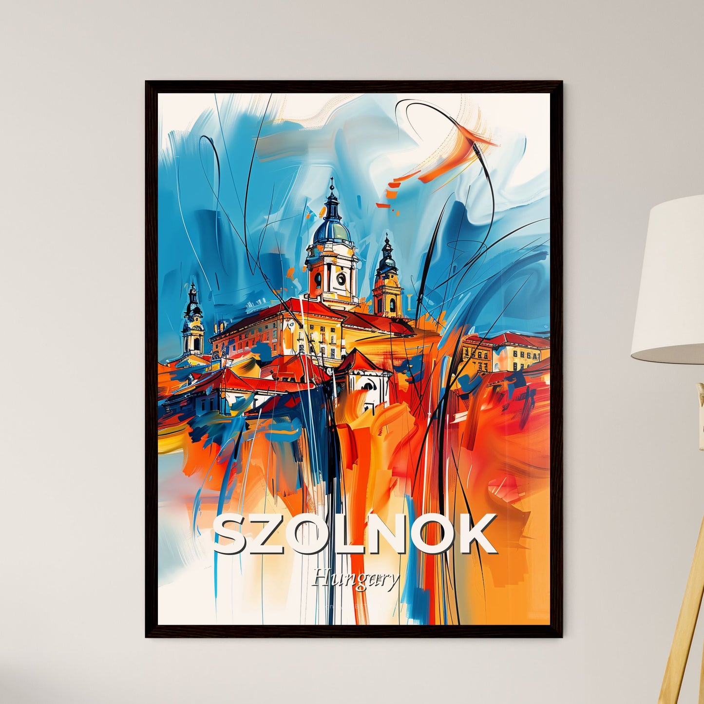 Vibrant Szolnok, Hungary - A Painting Of A Building With Towers And A Blue Sky