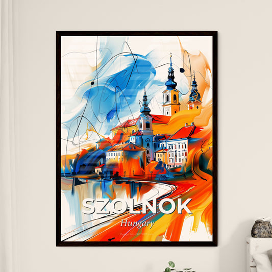 Vibrant Szolnok, Hungary - A Painting Of A Town With Buildings And A River