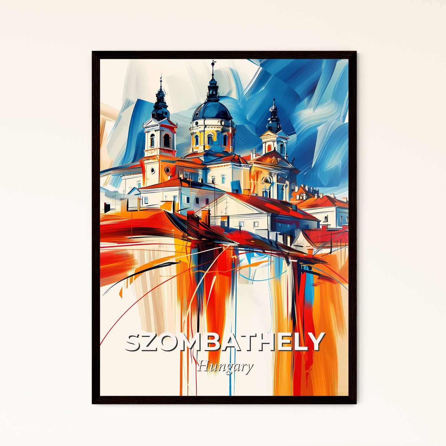 Vibrant Szombathely, Hungary - A Painting Of A Building With A Blue And Red Background