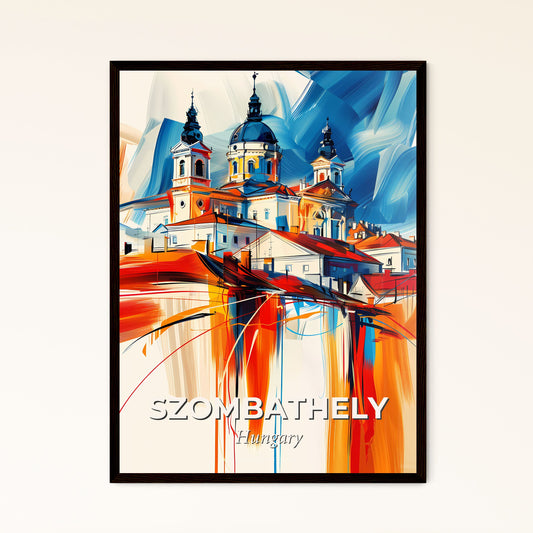 Vibrant Szombathely, Hungary - A Painting Of A Building With A Blue And Red Background