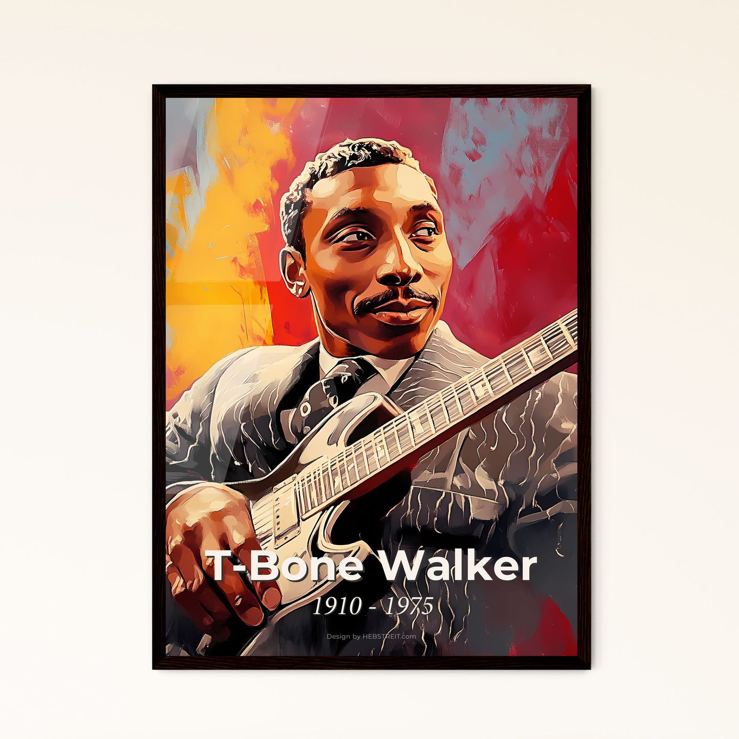 Portrait of T-Bone Walker, 1910 - 1975. Impressionistic painting of a man holding a guitar.