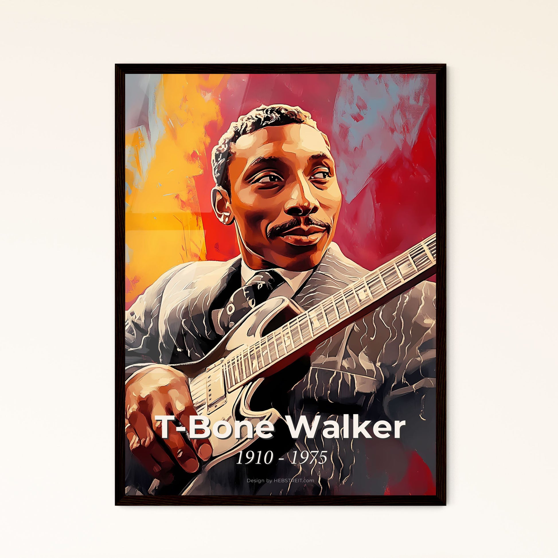 Portrait of T-Bone Walker, 1910 - 1975. Impressionistic painting of a man holding a guitar.