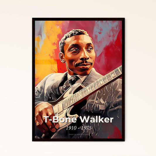 Portrait of T-Bone Walker, 1910 - 1975. Impressionistic painting of a man holding a guitar.