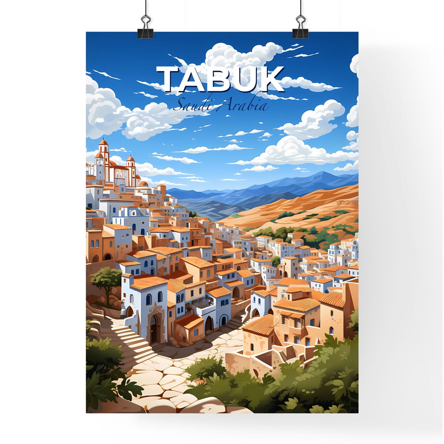 Vibrant Cartoon Art Painting Cityscape Tabuk Saudi Arabia Skyline Default Title