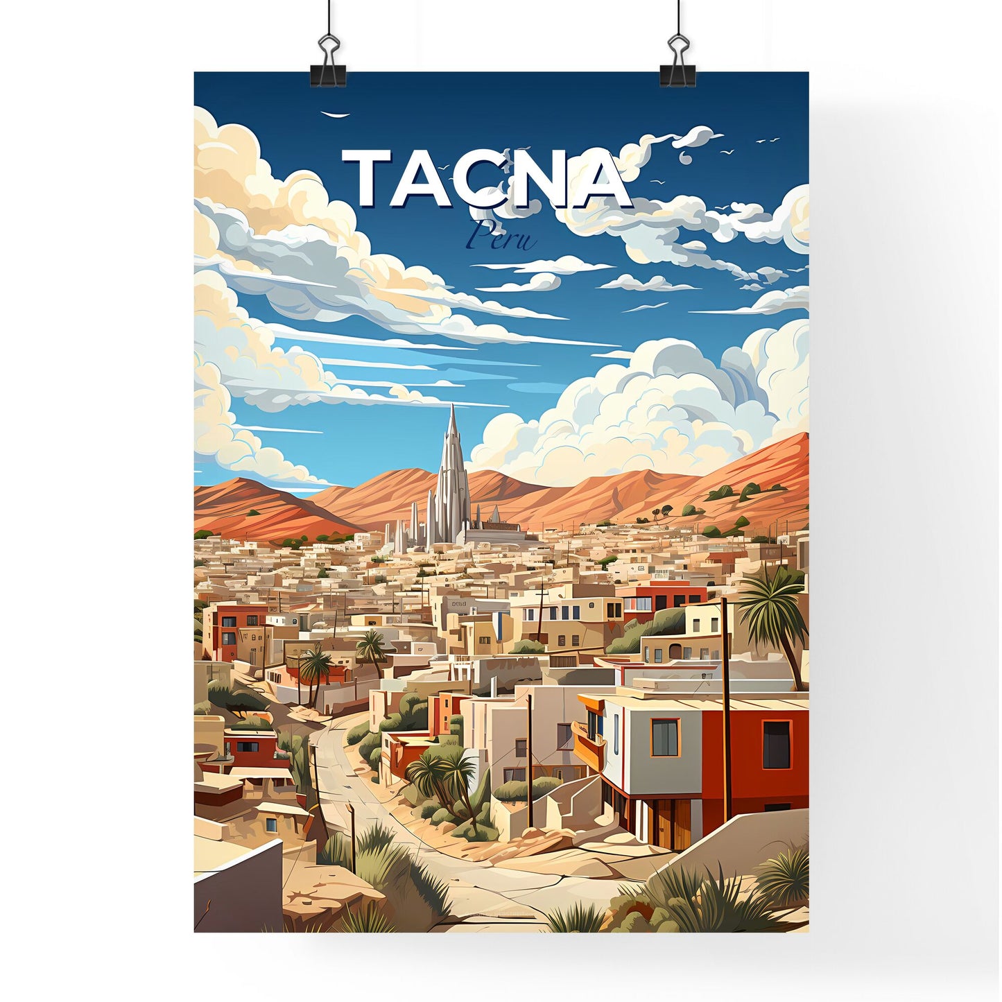 Tacna Peru City Skyline with Tall Tower Painting, Vibrant Artwork Default Title