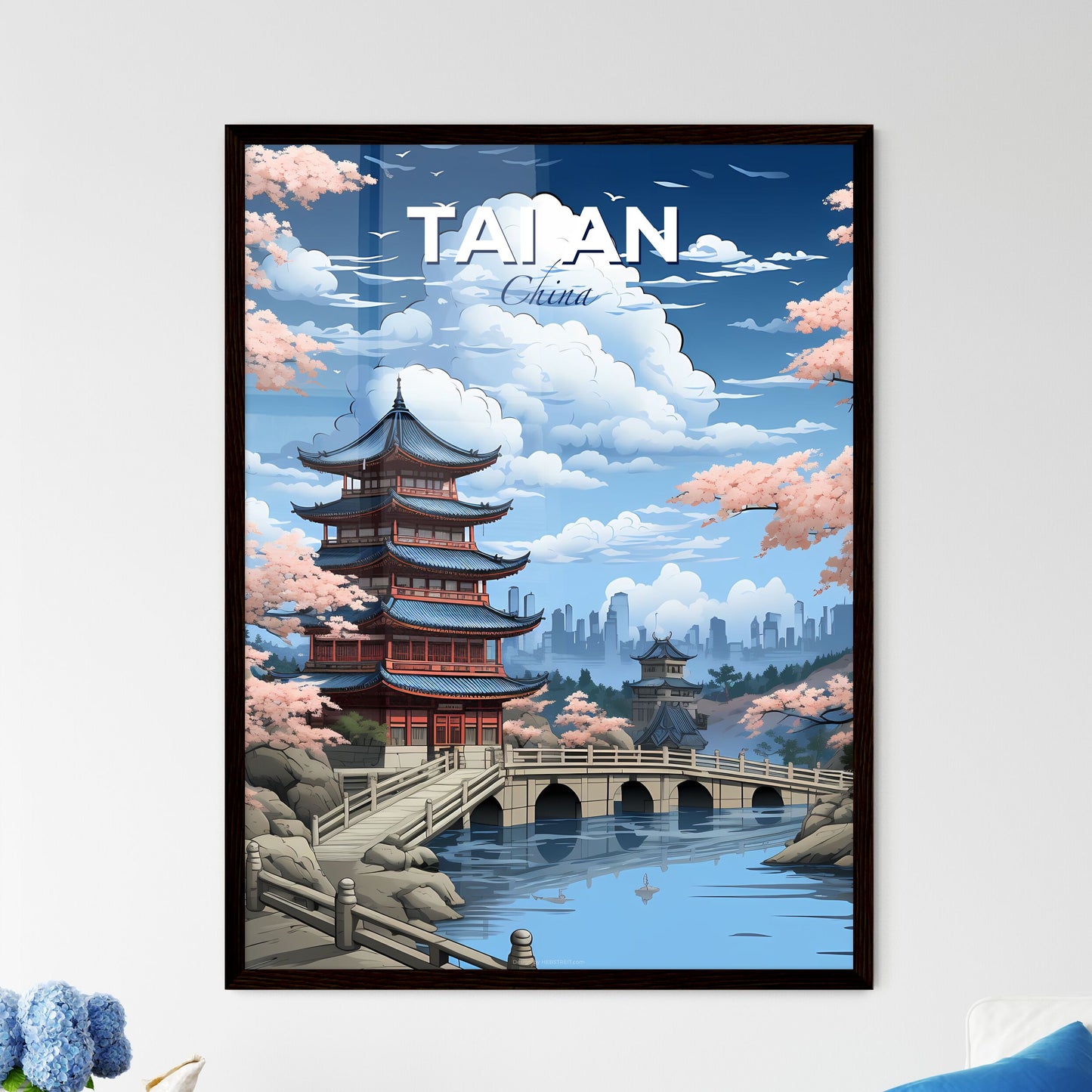 Tai an China Skyline - Vibrant Painting of a Bridge and Pagoda over River with Cityscape Background Default Title