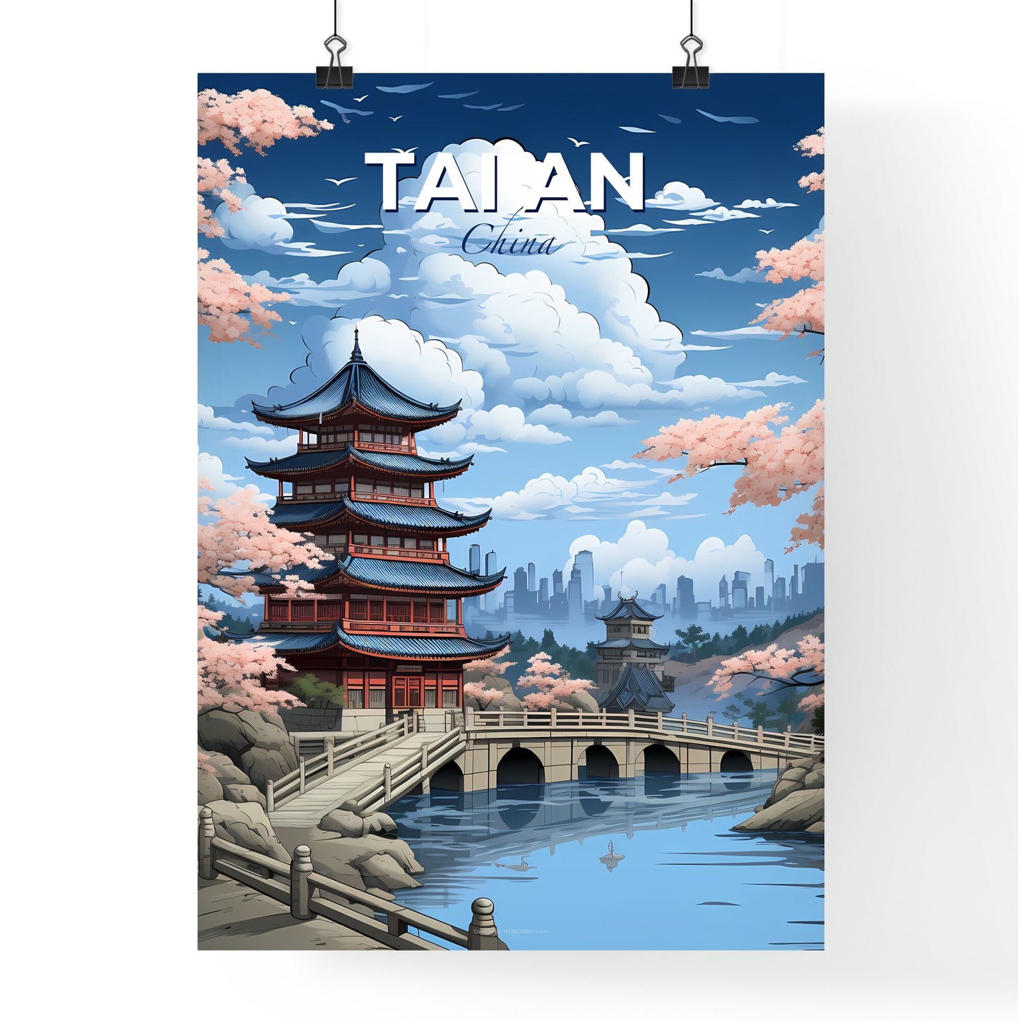 Tai an China Skyline - Vibrant Painting of a Bridge and Pagoda over River with Cityscape Background Default Title